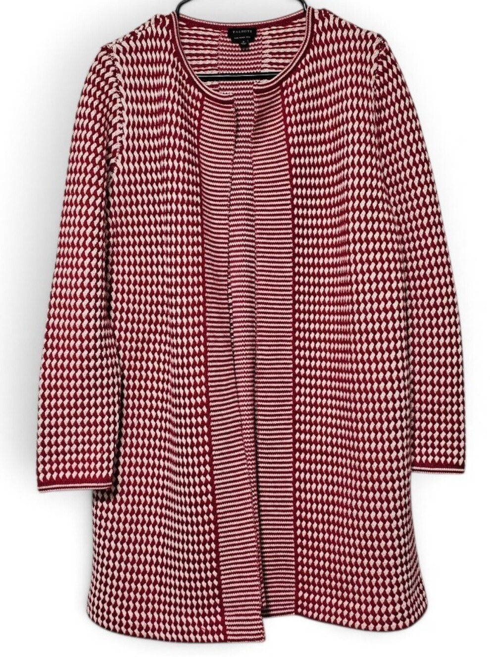 Talbots Pure Merino Wool Open Front Long Cardigan Red & White Womens Size S